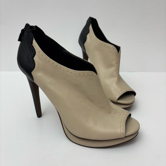 Trouve Shoes - Trouve Two Tone Black & Ivory Vintage Style Stiletto Peep Toe Leather Booties-10